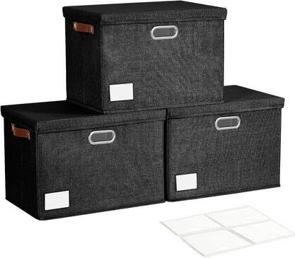 17" Large Collapsible Storage Bins with Lids, Stackable Closet Organizers with PU Handle and Labels, 3-Pack Decorative Fabric Storage Boxes for Home, Bedroom, Closet, Office, Nursery(Black)