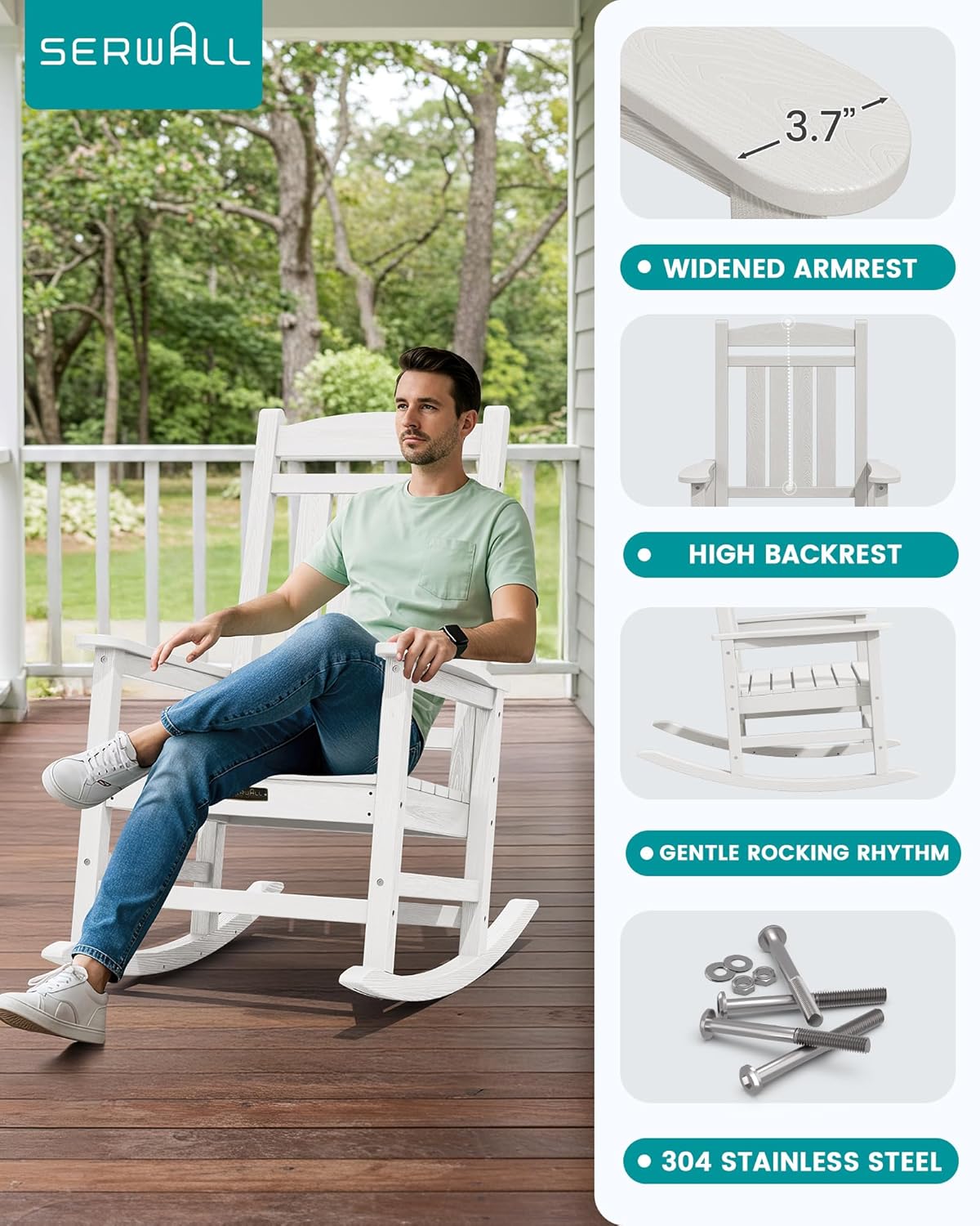 SERWALL Outdoor Rocking Chair, HDPE Patio Rocking Chair All-Weather Porch Rocker for Balcony, Yard, White