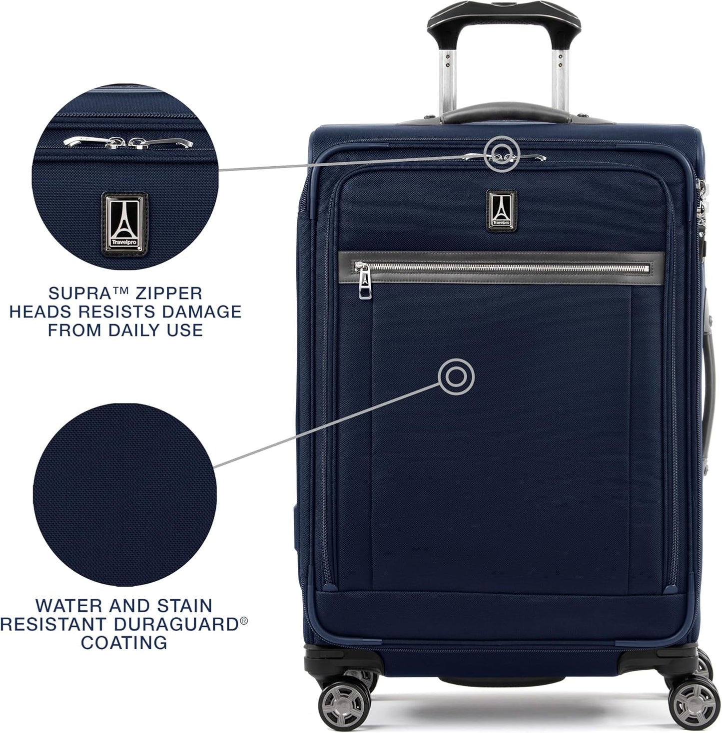Travelpro Platinum Elite Softside Expandable Checked Luggage, 8 Wheel Spinner Suitcase, TSA Lock, Men and Women, Dark Blue, Checked Medium 25-Inch