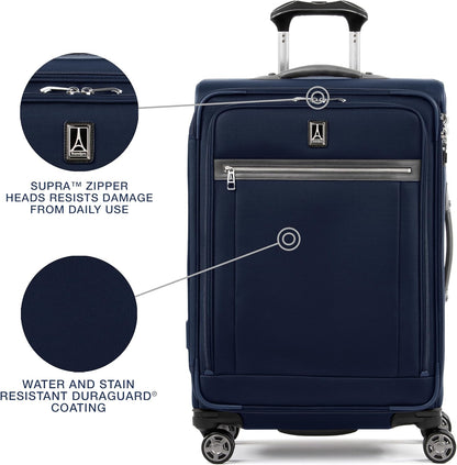 Travelpro Platinum Elite Softside Expandable Checked Luggage, 8 Wheel Spinner Suitcase, TSA Lock, Men and Women, Dark Blue, Checked Medium 25-Inch