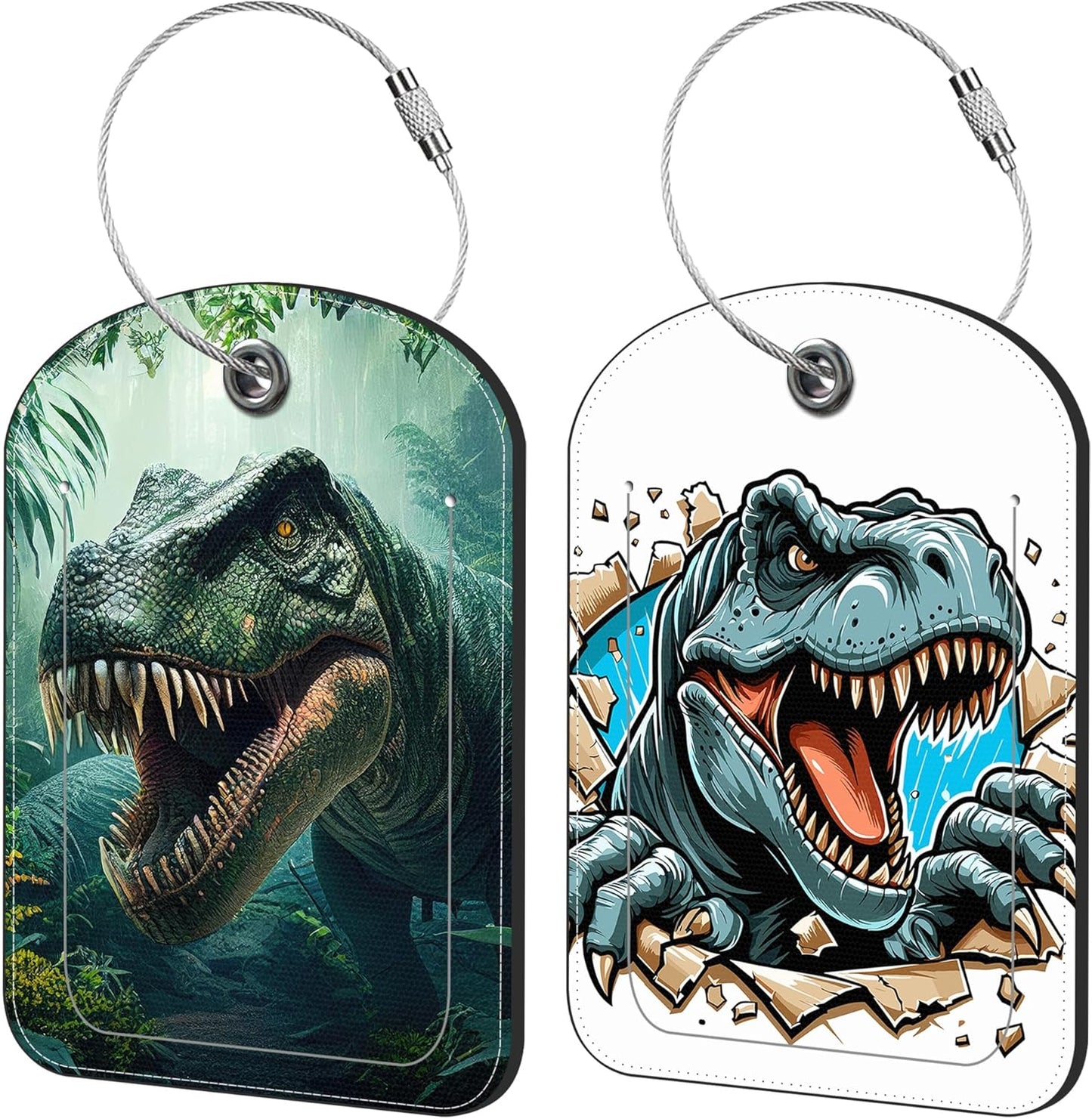 Dinosaur in The Forest Luggage Tag for Suitcase Set of 2 PU Leather Cute Luggage Tags with Stainless Metal Loop ID Label Privacy Flap Suitcase Tags for Women and Men Travel