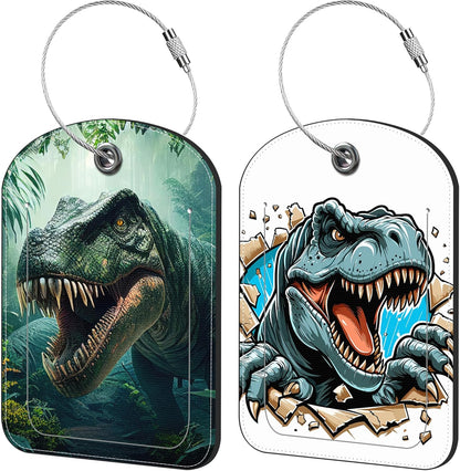 Dinosaur in The Forest Luggage Tag for Suitcase Set of 2 PU Leather Cute Luggage Tags with Stainless Metal Loop ID Label Privacy Flap Suitcase Tags for Women and Men Travel