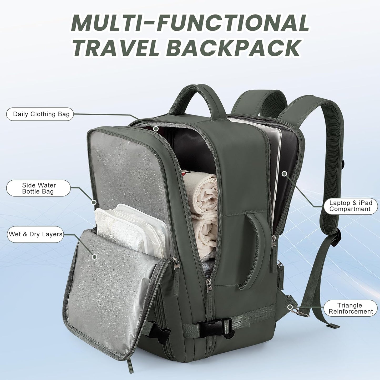 Beraliy Travel Backpack for Men Women, Carry On Backpack, 16 Inch Laptop Backpack, Waterproof Hiking Backpack, Casual Outdoor Daypack College Bag, Olive-green