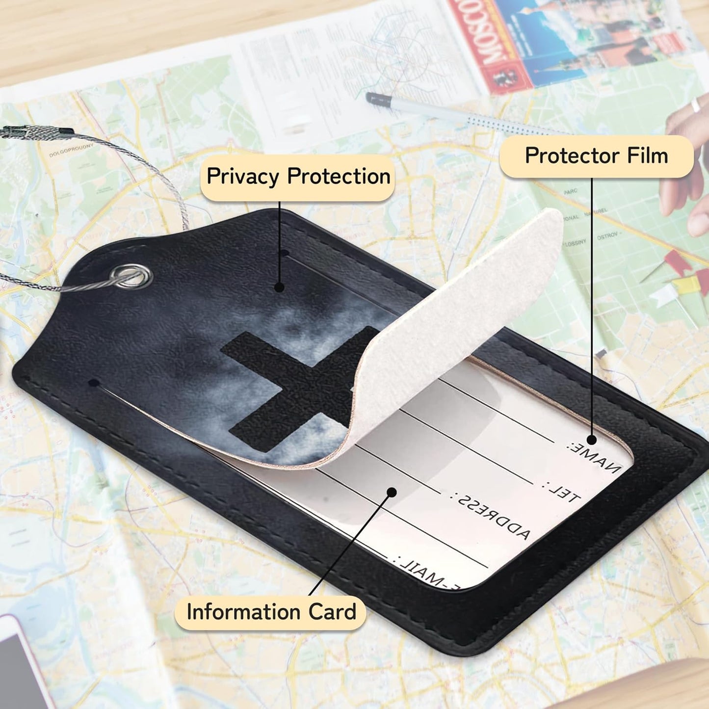 Cross Luggage Tags for Suitcase,3 Pack Luggage Tag Leather Privacy Cover ID Label with Stainless Steel Loop for Women Men