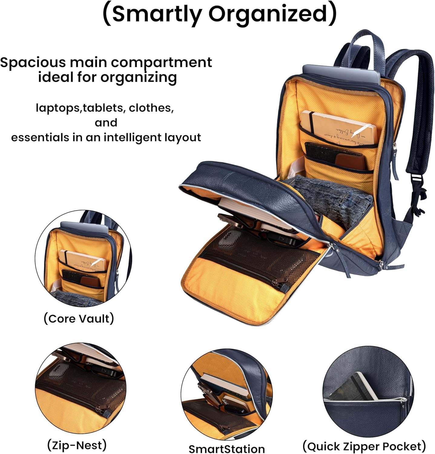 LEATHER VILLAGE Leather Laptop Backpack for Men |Blue | Slim Professional Business Bag Fits 15.6”-Laptop | Water-Repellent Work & Travel Daypack with Trolley Strap