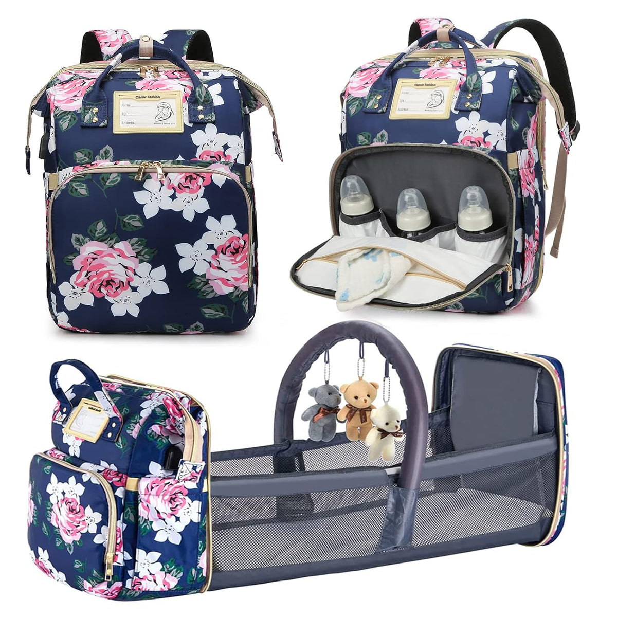 Diaper Bag Backpack with Changing Station, Foldable for Bady Toddler, 3 in 1 Large Capacity Newborn Essentials Organizer with Stroller Hook for Girls and Boys（Blue）