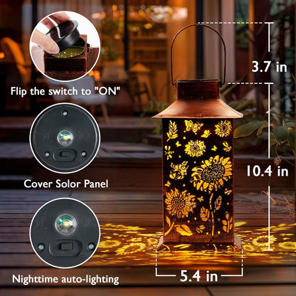 Homemory Sunflower Solar Lanterns Waterproof, Metal Hanging Hollowed-Out Metal Decor Lantern, LED Outdoor Decoration for Outside LED Lanternse for Yard, Backyard, Porch, Lawn