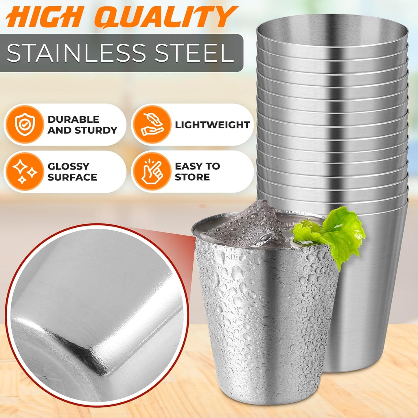 VIKROM 15 Pcs Stainless Steel Shot Glasses - 30ml (1oz) Tiny Metal Shot Glasses, Lightweight and Easy to Store, Durable Metal Shots for Parties, Easy to Clean, Good for Hiking, Travels, and Picnics