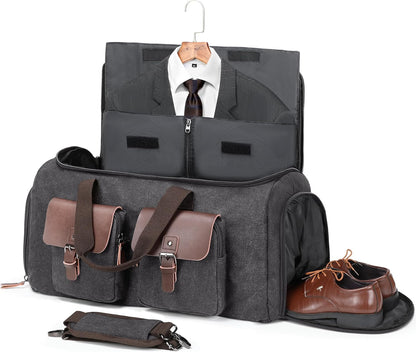 Canvas Garment Bags for Travel, Convertible Carry On Garment Duffel Bag for Men Women, 2 in 1 Suit Bag Hanging Suitcase Business Travel Bag with Shoe Compartment (Grey, XL)