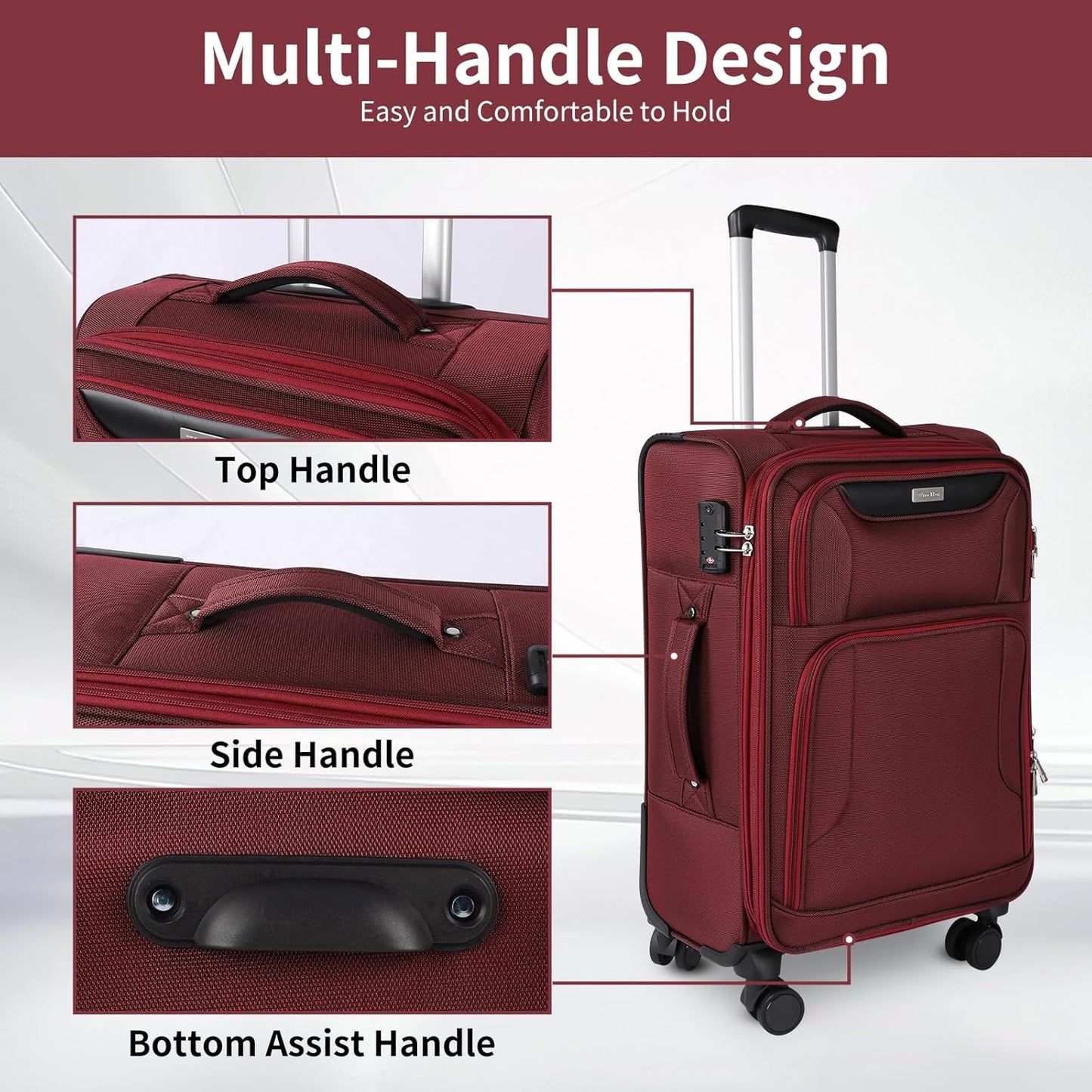 3-Piece Softside Expandable Luggage Set with Front Open Pocket, Lightweight and Durable Oxford Fabric Suitcase Set with TSA Lock (Burgundy Wine Red, 20in/24in/28in)