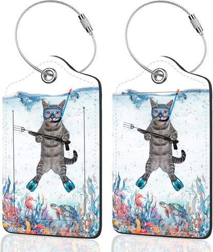2Pack Luggage Tags for Suitcases, Cute Unique Pu Leather Cruise Luggage Tag with Privacy Cover ID Label Address Card and Metal Ring Suitable for Women Men Kids Travel Bag The Diving Cat