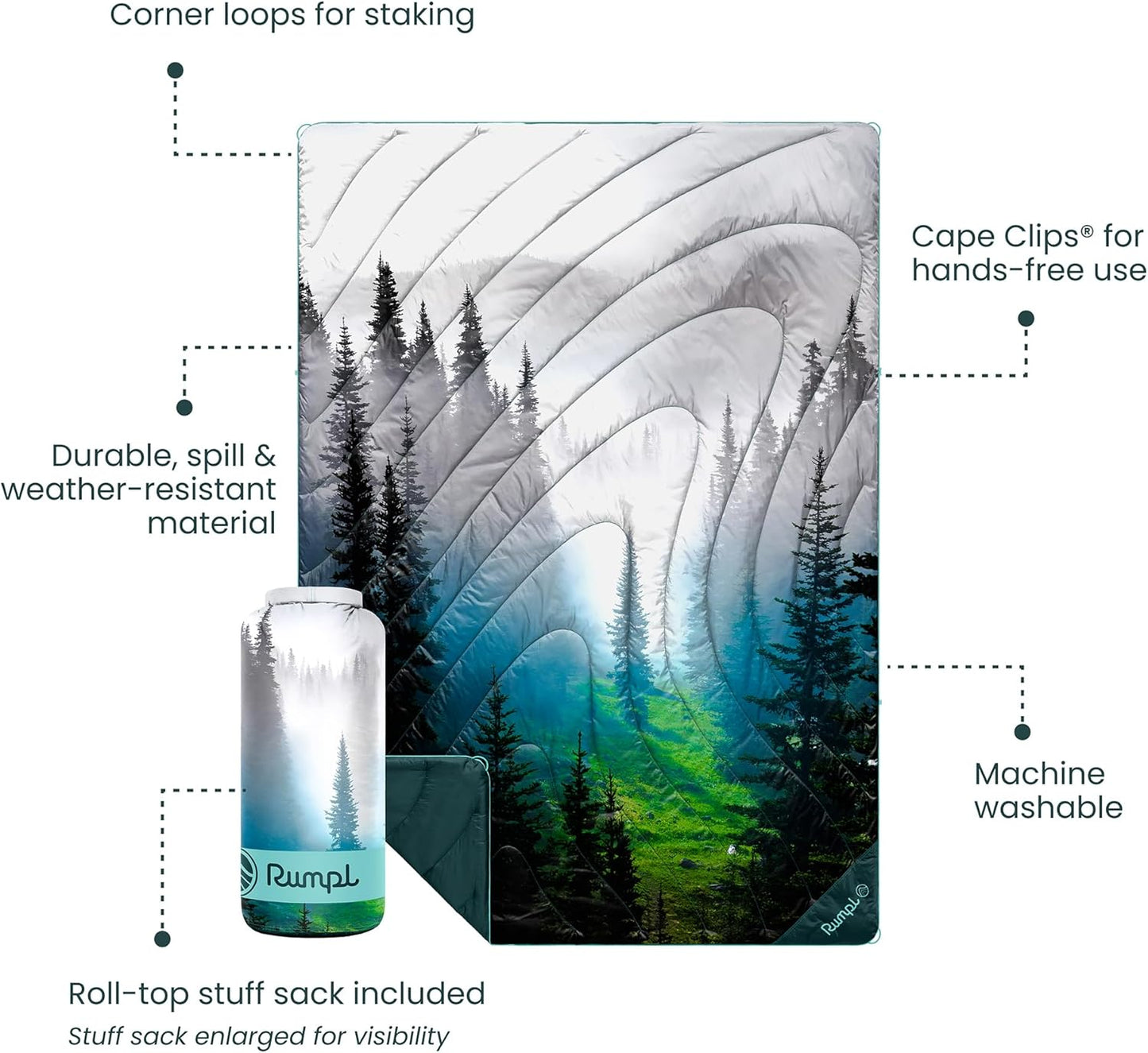 Rumpl Original Puffy Blanket - Warm, Water-Resistant Camping Blanket with 100% Recycled Synthetic Insulation, 52"x75", Original Puffy V2, Olympic Fog