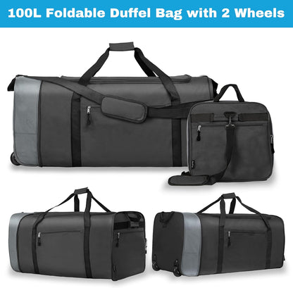 Finnhomy 100L Foldable Rolling Duffel Bag with 2 Wheels, Light Weight Travel Duffel bag with Large Loading Capacity, 32 inch Rolling Duffel bag with Shoulder Strap for Travel Camping Sports