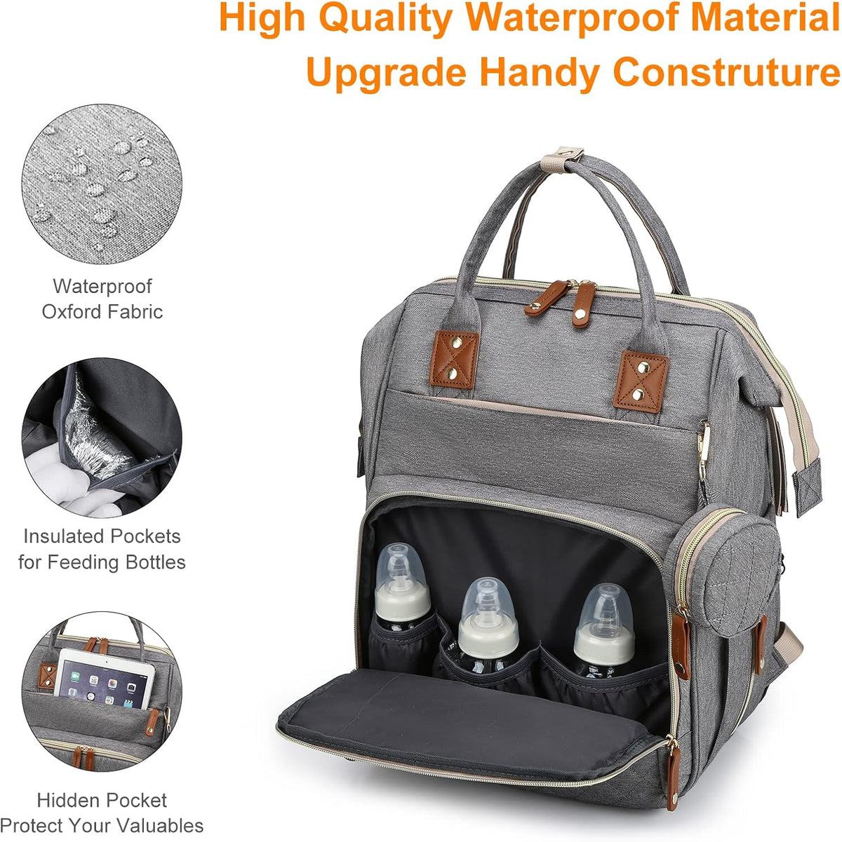 Diaper Bag with Changing Station, Waterproof 3 in 1 Baby Diaper Backpack with Foldable Changing Pad, Large Travel Back Pack for Baby Girl Boy, Grey