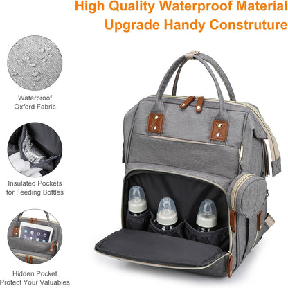 Diaper Bag with Changing Station, Waterproof 3 in 1 Baby Diaper Backpack with Foldable Changing Pad, Large Travel Back Pack for Baby Girl Boy, Grey