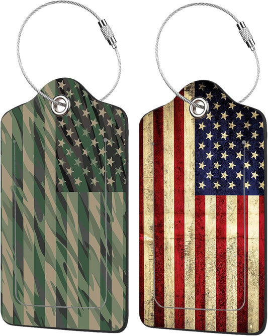 2 Pack American Flag Luggage Tags for Suitcases,USA Flag Leather Baggage Suitcases Tag Name ID Label Privacy Cover Travel Bag Tags for Women Men Boys Girls