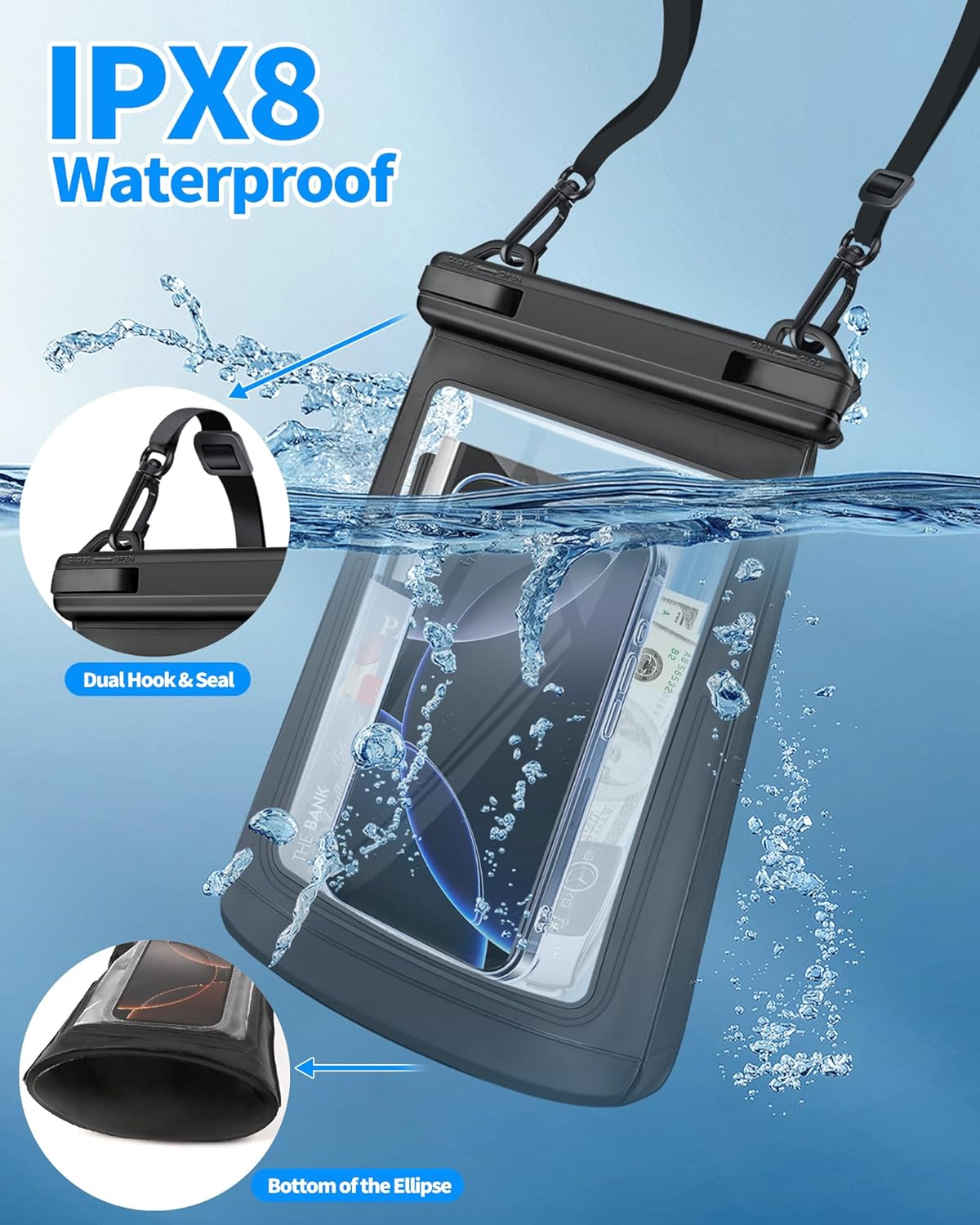 Large Waterproof Phone Pouch - [Oversized] [Floating] Water Proof Pouch for iPhone Galaxy Google and More, IPX8 Waterproof Dry Bag for Beach Vacation Belongings Clear Black