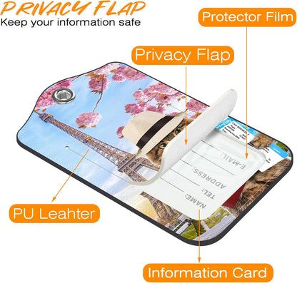 2 Pack Luggage Tag for Suitcase Funny Cat Passport Leather Travel Cruise Luggage Tag with Stainless Steel Loop Name ID Label Privacy Cover for Adults Teens Travel Bag Labels Set