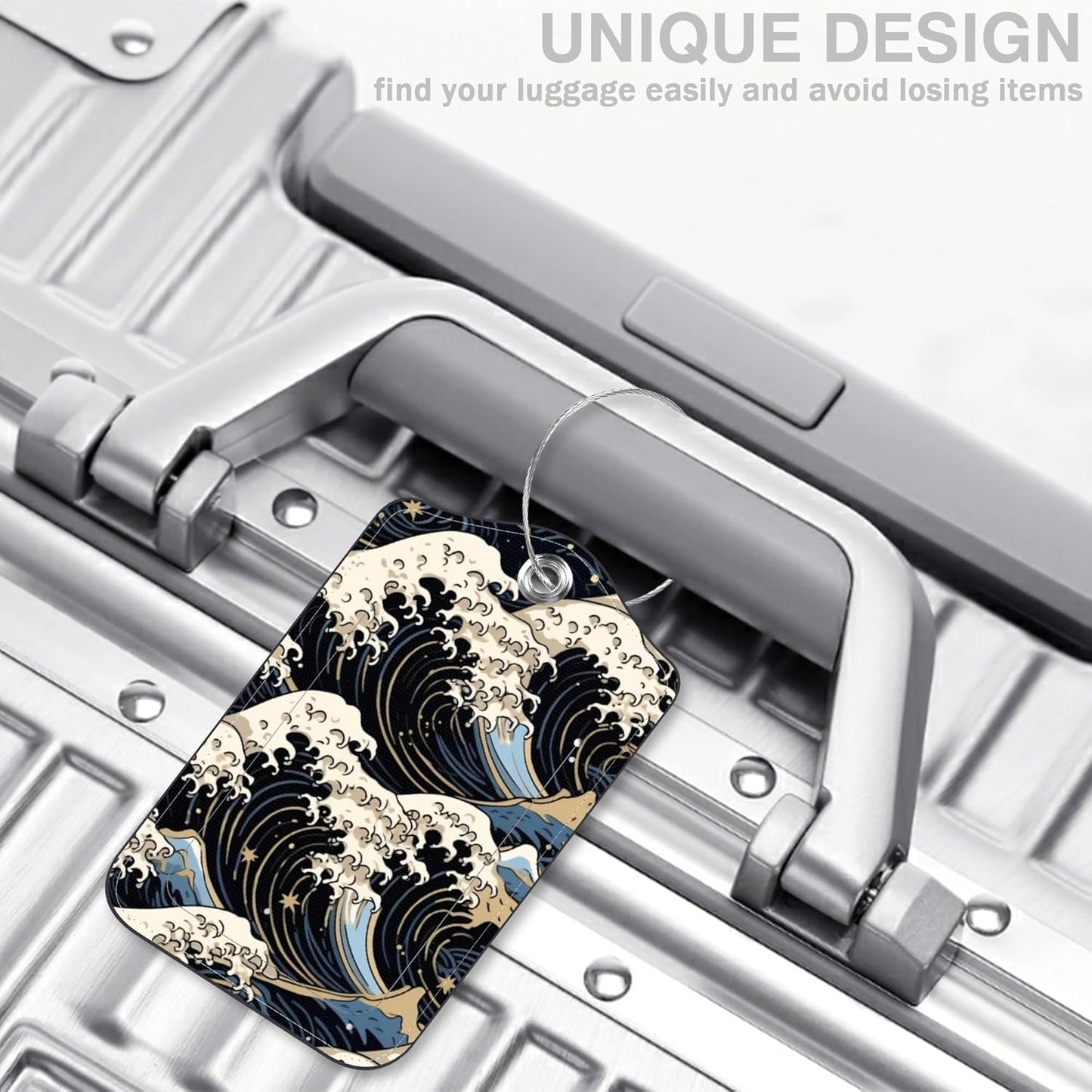 Japanese Art Blue and White Waves Set of 2 Luggage Tags for Suitcases Leather Suitcase Tags Identifiers with Privacy Name Label and Stainless Steel Loop for Women Men Travel Luggage Accessories