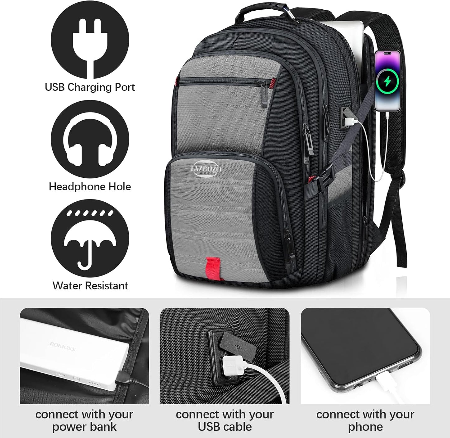 18.4 Inch Extra Large Travel Backpack, TSA Laptop Backpack with USB Port, 55L Water Resistant Carry on College School Computer Backpack Men Women, Grey