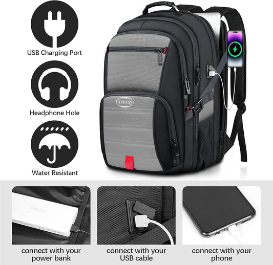 18.4 Inch Extra Large Travel Backpack, TSA Laptop Backpack with USB Port, 55L Water Resistant Carry on College School Computer Backpack Men Women, Grey