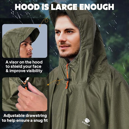 ANYOO Hooded Rain Poncho for Adults Waterproof Lightweight Rain Coat for Men - Image 4