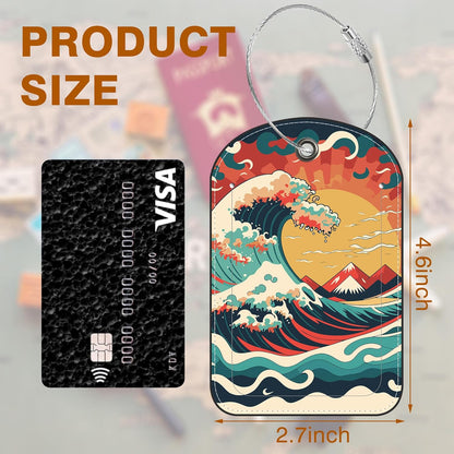 Japanese Style Ocean Wave Sun Leather Luggage Tag for Suitcase 2 Pack Luggage Tag with Privacy Name ID Label and Stainless Steel Loop for Travel Bag Suitcase