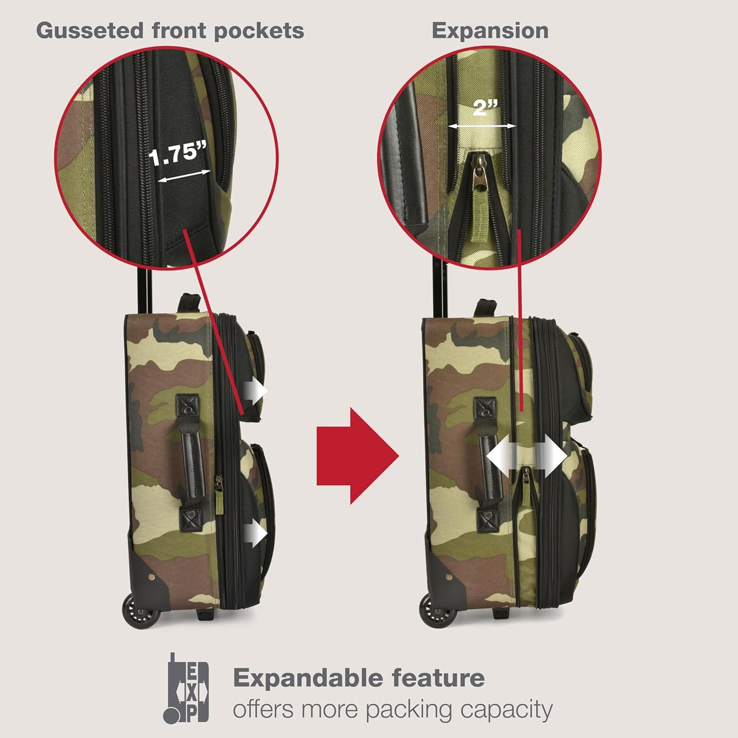 U.S. Traveler Rio Rugged Fabric Expandable Carry-on Luggage, Rolling Suitcase, Camouflage, 2 Wheel Set
