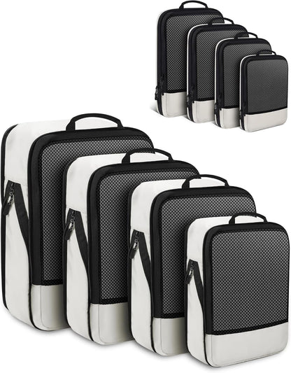 4 PCS Set Compression Packing Cubes for Travel, Lightweight Packaging Organizer Bags for Carry On Space Saving, Travel Essentials Cubes for Suitcase Backpack, Beige