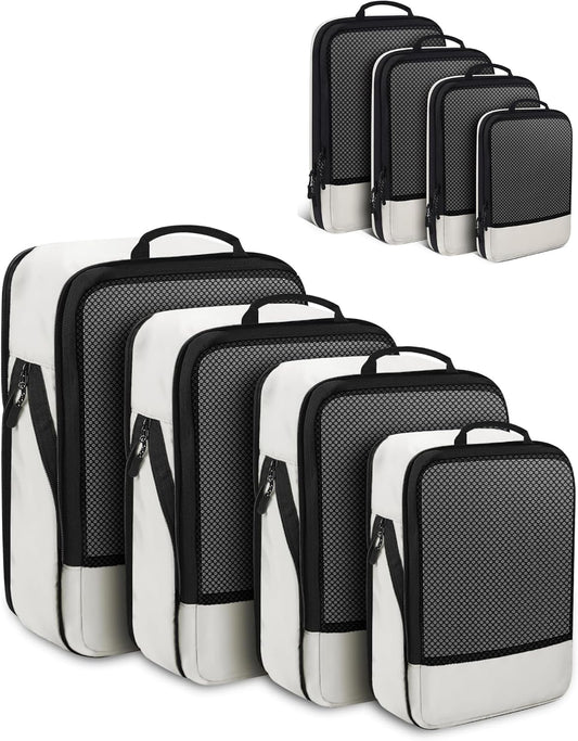 4 PCS Set Compression Packing Cubes for Travel, Lightweight Packaging Organizer Bags for Carry On Space Saving, Travel Essentials Cubes for Suitcase Backpack, Beige