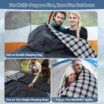 Double Sleeping Bag for Adults Machine Washable 2 Person Camping Sleeping Bag Queen Size Waterproof with Compression Sack for Cold Weather 3-4 Seasons