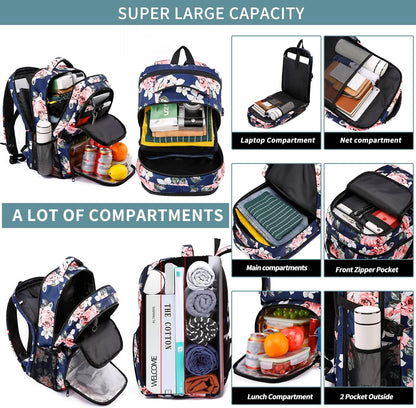 HILUSEN Lunch Cooler Backpack for Women, Extra Large 17 inch Travel Laptop Backpack with USB Charging Port, Water Resistant