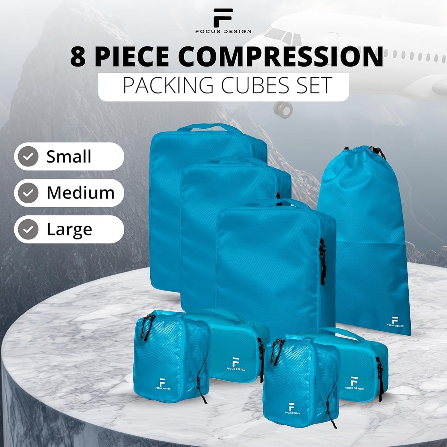 8 Piece Compression Packing Cubes Set - Double Capacity Design for Travel - Small, Medium & Large Sizes - Carry-On Suitcase Organizer Bags (Turquoise)