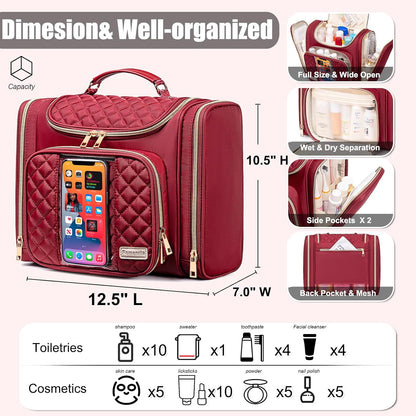 Travel Toiletry Bag for Women, Hanging Toiletry Bag, Bathroom Bag Portable Shower Caddy for College Dorm Travel Shower Bag for Women Water-Resistant Cosmetic Makeup Bag (Red)