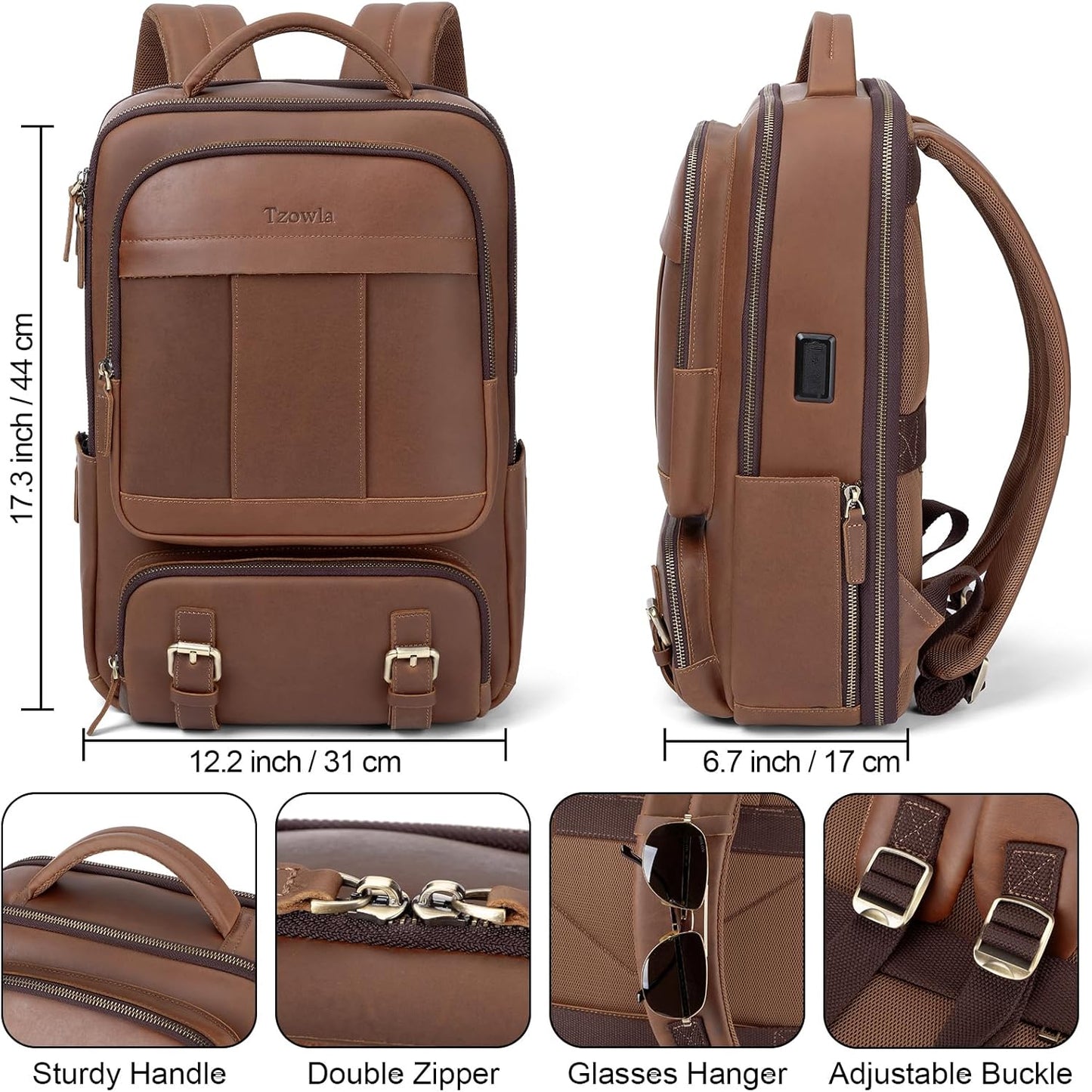 Tzowla Leather Laptop Backpack, Bag for Men and Women,Business Travel Work Rucksack Fits 15.6 Inch Laptop, Bookbag with USB and Type-C Charging Port-Brown