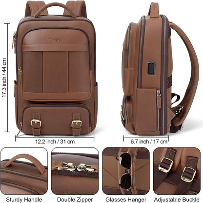 Tzowla Leather Laptop Backpack, Bag for Men and Women,Business Travel Work Rucksack Fits 15.6 Inch Laptop, Bookbag with USB and Type-C Charging Port-Brown