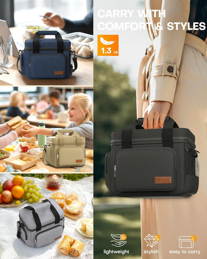 HOTOR Lunch Box for Men and Women - Leak-Proof Insulated Lunch Cooler Bag with Adjustable Strap, Multiple Pockets for Office, Picnic, Hiking, Beach, 1 Layer, 25L, Black, 15.0" x 11.0" x 12.2"