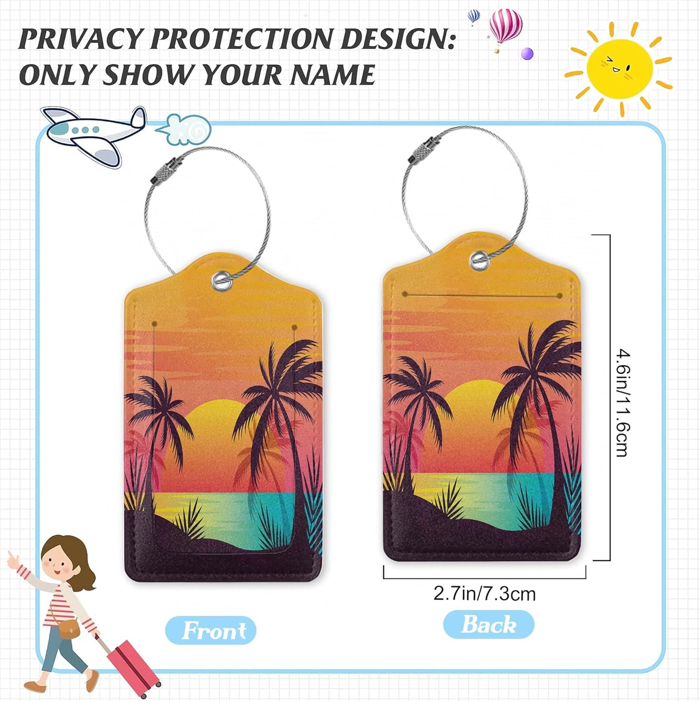 3 Pack Luggage Tag for Suitcase,Tropical Sunset Palm Leather Luggage Tags with Privacy Cover Name ID Label Identifiers Travel Bag Tags for Women Men Boys Girls
