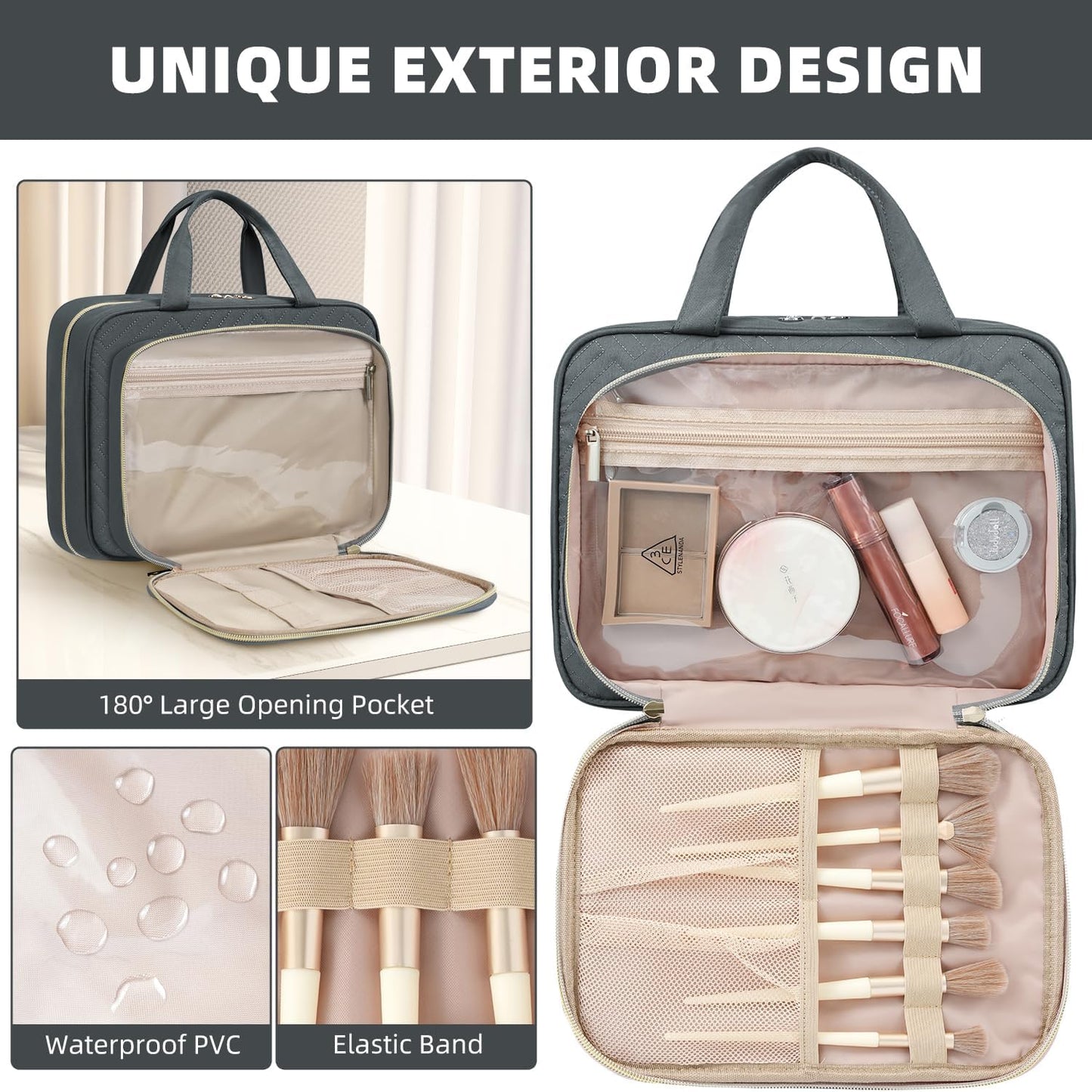 BAGAIL Hanging Toiletry Bag for Women Water-resistant Cosmetic Bag Large Capacity Travel Makeup Organizer for Full-Sized Travel Essentials(Standard, Grey)