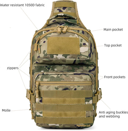 15L Tactical Crossbody Sling Bag | Everyday One Shoulder Backpack Fit 12 Inch Laptop, Molle, Daily Use, Travel, Hiking (Camo)