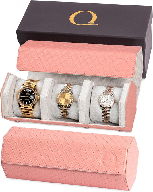 Ladies Leather Watch Rolls for Women - Hexagon Triple Watch Roll Travel Case for 3 Watches - Storage Organizer Genuine Leather with Velvet Interior Display (Woven Pink/Gray)