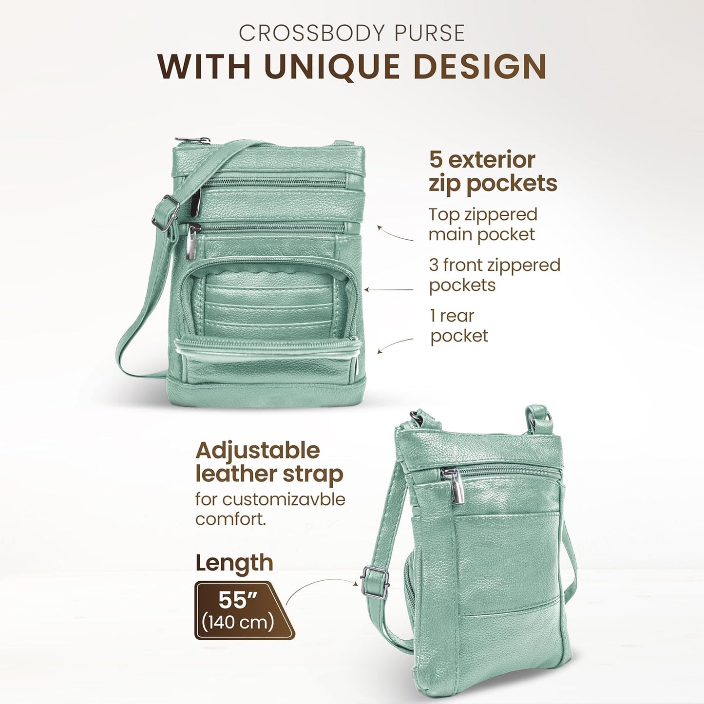 Krediz leather Crossbody Purses for Women, Multi Pocket Crossbody Purse with Adjustable Strap, Soft & Durable Leather Purse