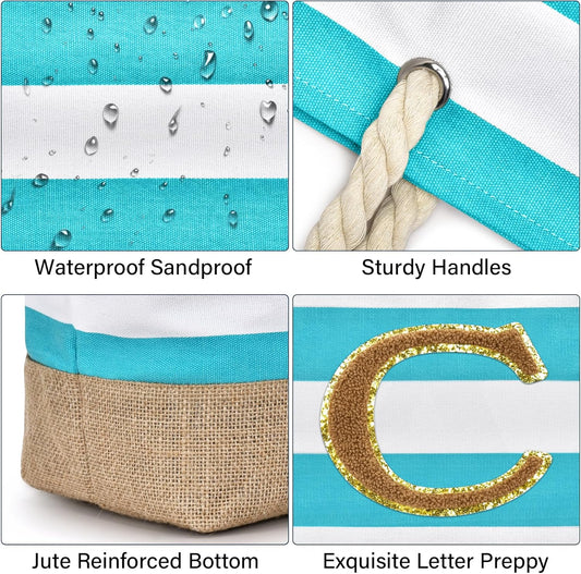 Becokan Beach Bag Initial Beach Tote with Makeup Bag for Travel Work Storage Personalized Birthday Gifts for Women Her