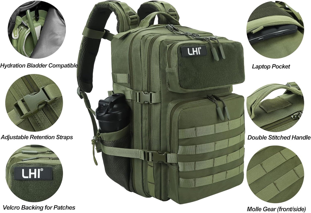 LHI Military Tactical Backpack for Men and Women 45L Army 3 Days Assault Pack Bag Large Rucksack with Molle System - Green