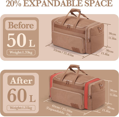 SHOWKOO Duffle Bag for Travel 60L Expandable Canvas Travel Bag Durable Vintage Weekender Overnight Carry On Bag for Men(Khaki)