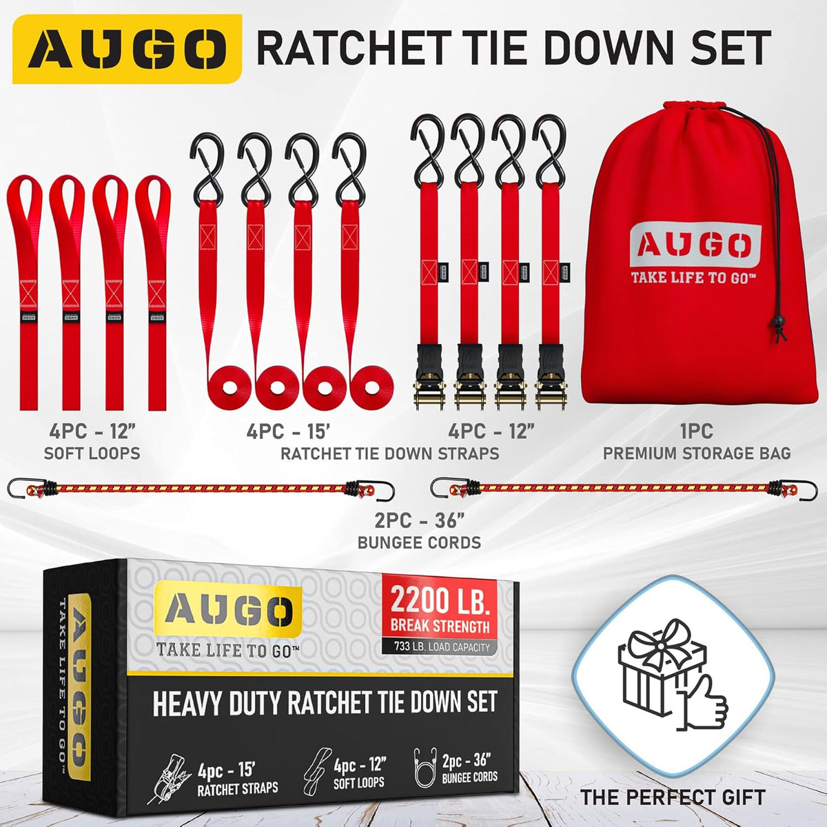 AUGO Ratchet Straps Heavy Duty 4 Pack -15 FT - 2200 LB Break Strength – with Safety Lock S Hooks - Cargo Straps for Moving, Appliances, Motorcycle – Soft Loop Tie Downs