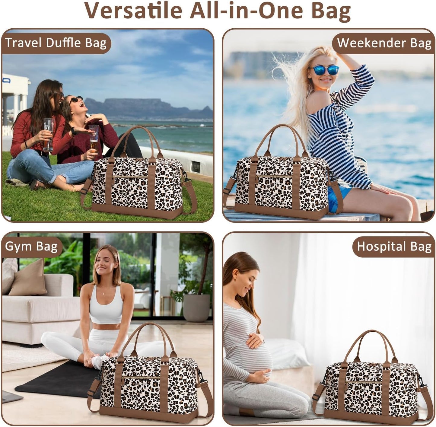 Travel Duffle Bag for Women, Weekender Bags, Hospital Bag for Labor Delivery,Lightweight Tote Duffel Overnight Bag with Luggage Sleeve,Airplane Travel Bags with Toiletry Bag,X-Large,Leopard