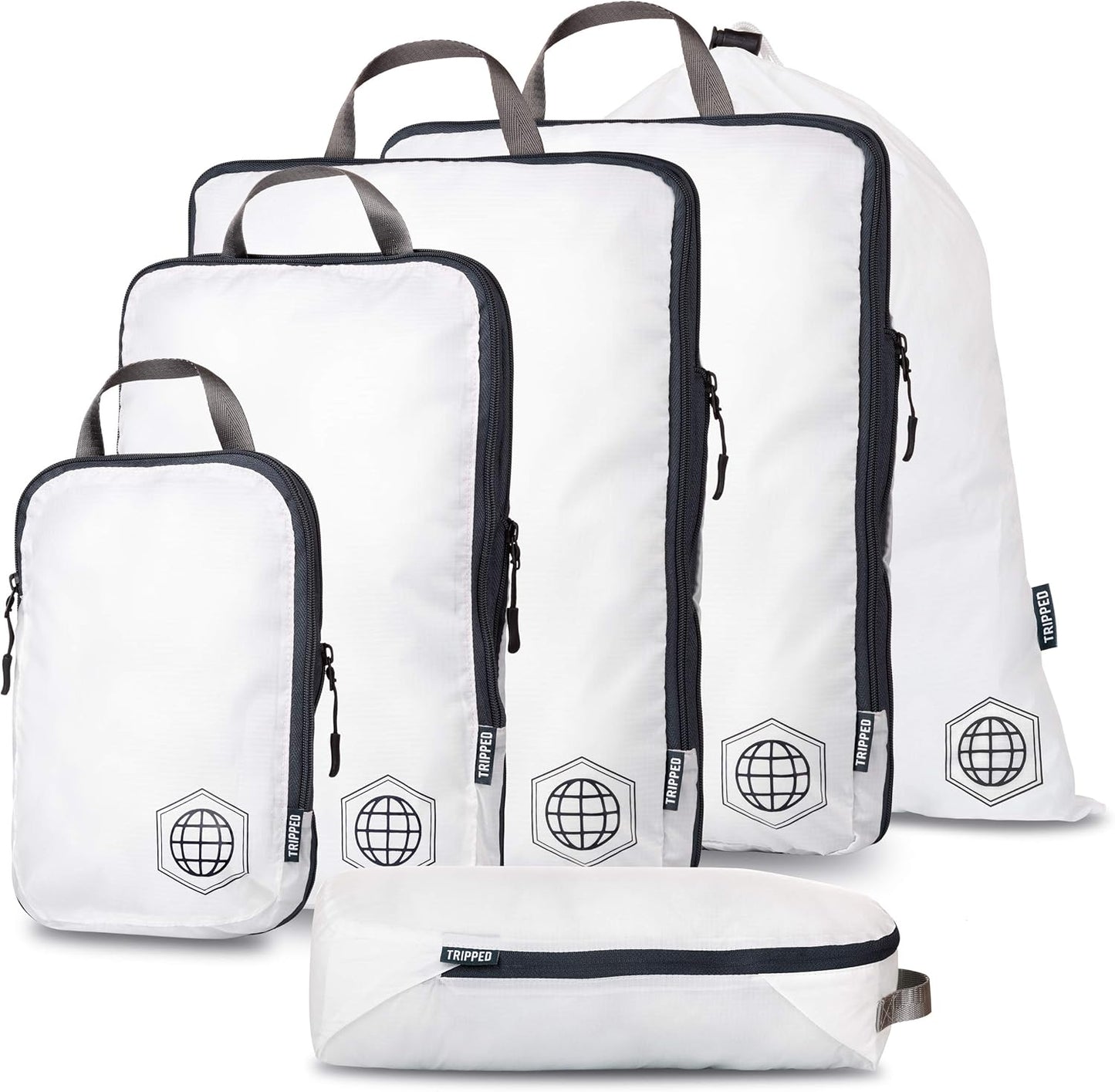 Large Compression Packing Cubes 6 Piece Set for Travel with Lightweight Laundry Bag for Carry-On Suitcase by TRIPPED Travel Gear (White)