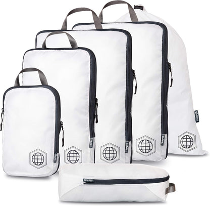 Large Compression Packing Cubes 6 Piece Set for Travel with Lightweight Laundry Bag for Carry-On Suitcase by TRIPPED Travel Gear (White)