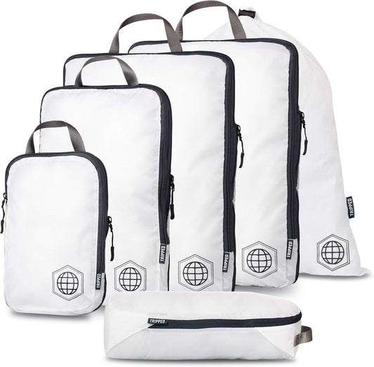 Large Compression Packing Cubes 6 Piece Set for Travel with Lightweight Laundry Bag for Carry-On Suitcase by TRIPPED Travel Gear (White)